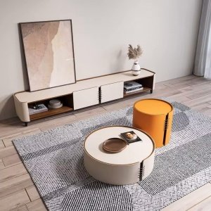 Set Comoda TV si masuta cafea premium, lemn masiv si piele Malibu, Homedit