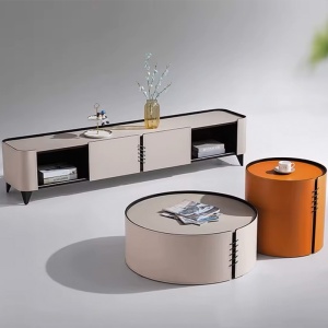 Set Comoda TV si masuta cafea premium, lemn masiv si piele Malibu, Homedit