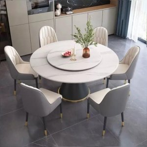 Masă rotundă cu blat rotativ din piatră ardezie – design elegant 135x80 cm, Homedit