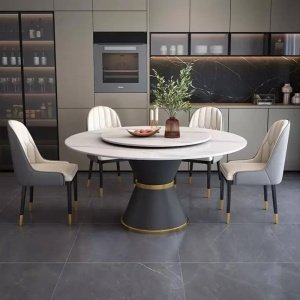 Masă rotundă cu blat rotativ din piatră ardezie – design elegant 135x80 cm, Homedit