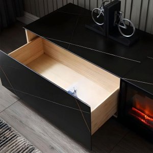 Comoda TV Flame din lemn masiv si masa, negru ardezie, 200 cm x 40 cm x 35 cm, Homedit