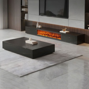 Comoda TV Flame din lemn masiv si masa, negru ardezie, 200 cm x 40 cm x 35 cm, Homedit