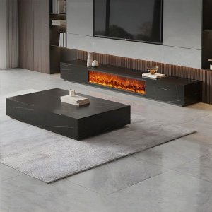 Comoda TV Flame din lemn masiv si masa, negru ardezie, 200 cm x 40 cm x 35 cm, Homedit