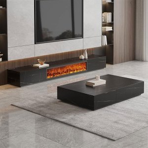 Masuta de cafea, 130 cm x 70 cm x 25 cm Flame din lemn masiv negru ardezie, Homedit