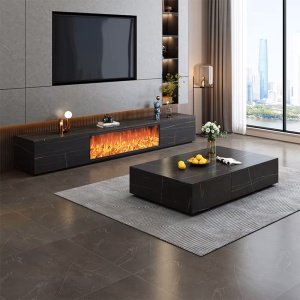 Masuta de cafea, 130 cm x 70 cm x 25 cm Flame din lemn masiv negru ardezie, Homedit