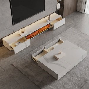 Masuta de cafea Flame din lemn masiv, alb ardezie, 130 cm x 70 cm x 25 cm, Homedit
