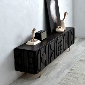 Comoda TV din lemn masiv stejar negru 180 cm premium Geotry, 180 x 40 x 65 cm, Homedit
