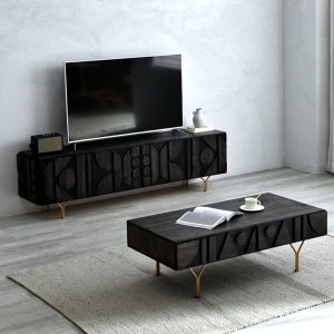 Comoda TV din lemn masiv stejar negru 180 cm premium Geotry, 180 x 40 x 65 cm, Homedit