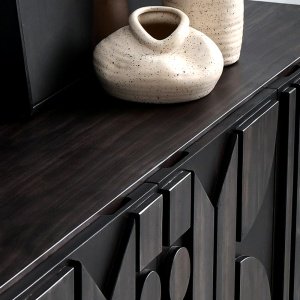 Comoda TV din lemn masiv stejar negru 180 cm premium Geotry, 180 x 40 x 65 cm, Homedit