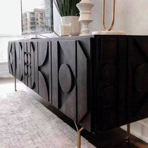 Comoda TV din lemn masiv stejar negru 180 cm premium Geotry, 180 x 40 x 65 cm, Homedit