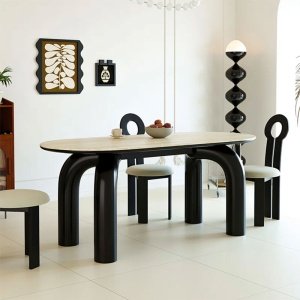 Masa dining negru 160 x 80 cm, lemn masiv, blat ardezie Lion, Homedit