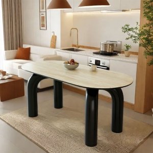 Masa dining negru 160 x 80 cm, lemn masiv, blat ardezie Lion, Homedit