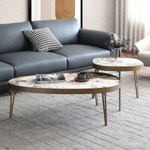 Set Masa cafea premium 110 x 70 x 35 cm / 56 x 56 x 45 cm Capri, blat din piatra, , Homedit