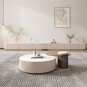 Set Comodă TV și Mese Living Decor Plus – Marmură Carrara, Lemn Masiv, Design Premium | Homedit