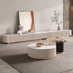 Set Comodă TV și Mese Living Decor Plus – Marmură Carrara, Lemn Masiv, Design Premium | Homedit