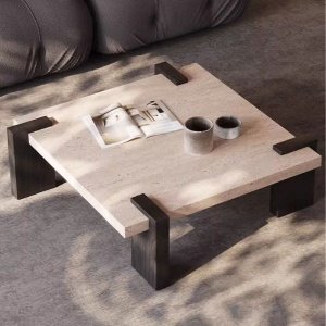 Masă cafea Palma 80x80x35 cm , lemn masiv de stejar  si piatra naturala | Homedit