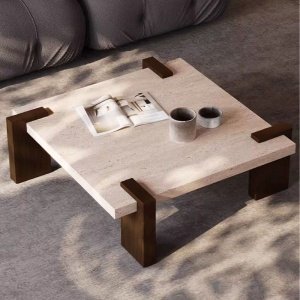 Masă cafea Palma 80x80x35 cm , lemn masiv de stejar  si piatra naturala | Homedit