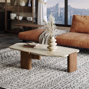 Masa de cafea lemn masiv si travertin 110 x 51 x 35 cm Pensive, Homedit
