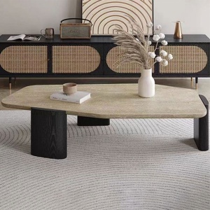 Masa de cafea lemn masiv si travertin 110 x 51 x 35 cm Pensive, Homedit