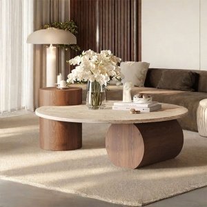 Masa cafea premium lemn masiv si Terrazzo, 90 cm Dune, Homedit