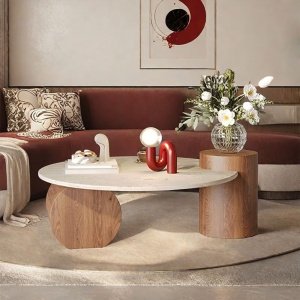 Masa cafea premium lemn masiv si Terrazzo, 90 cm Dune, Homedit