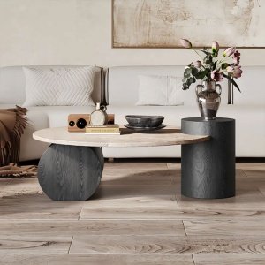 Masa cafea premium lemn masiv si Terrazzo, 90 cm Dune, Homedit