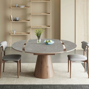 Masa extensibila 150 x 90 x 75 cm lemn masiv si ardezie gri Jhonson, masa dining rotunda, Homedit