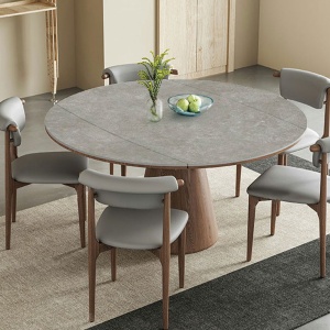 Masa extensibila 150 x 90 x 75 cm lemn masiv si ardezie gri Jhonson, masa dining rotunda, Homedit