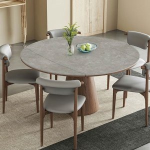 Masa extensibila 150 x 90 x 75 cm lemn masiv si ardezie gri Jhonson, masa dining rotunda, Homedit