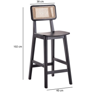 Scaun bar Rika din lemn de cauciuc cu spătar din ratan împletit,  Homedit