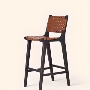 Scaun bar Lunea din lemn masiv și piele împletită manual, Homedit