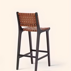 Scaun bar Lunea din lemn masiv și piele împletită manual, Homedit