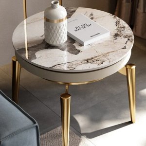 Masuta de cafea 60 x 60 Goldora, piatra naturala si otel inoxidabil, Homedit