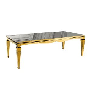 Masă de evenimente Luxa – 300x120 cm, sticlă neagră & cadru auriu , Homedit