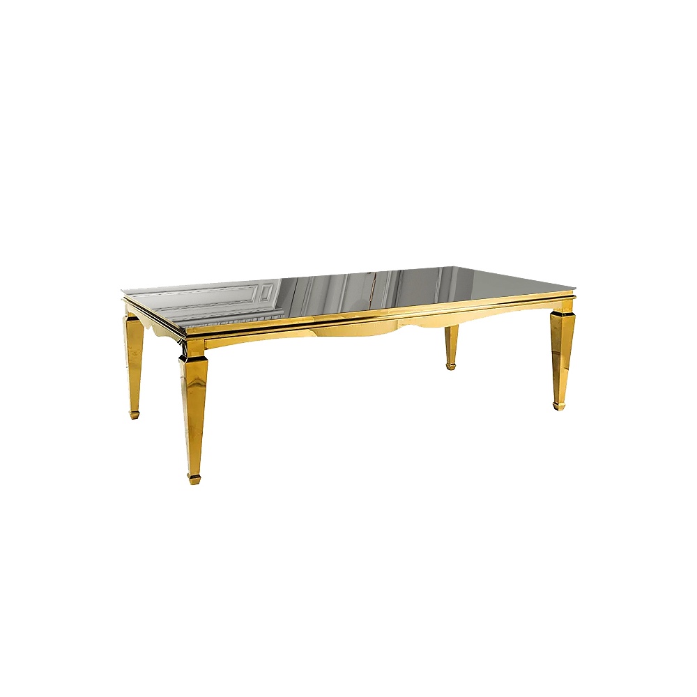 Masă de evenimente Luxa – 300x120 cm, sticlă neagră & cadru auriu , Homedit