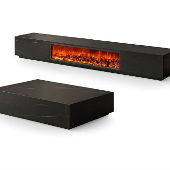 Comoda TV Flame, din lemn masiv, semineu cu incalzire, 200 x 40 x 47 cm, Homedit