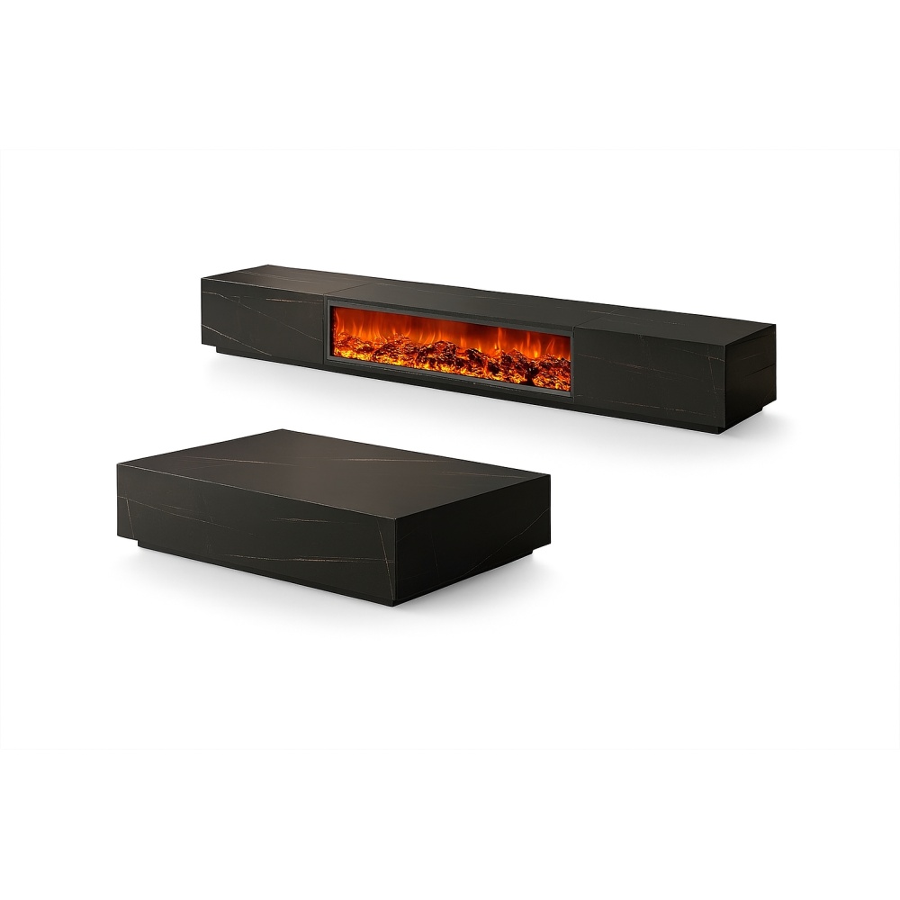 Comoda TV Flame, din lemn masiv, semineu cu incalzire, 200 x 40 x 47 cm, Homedit