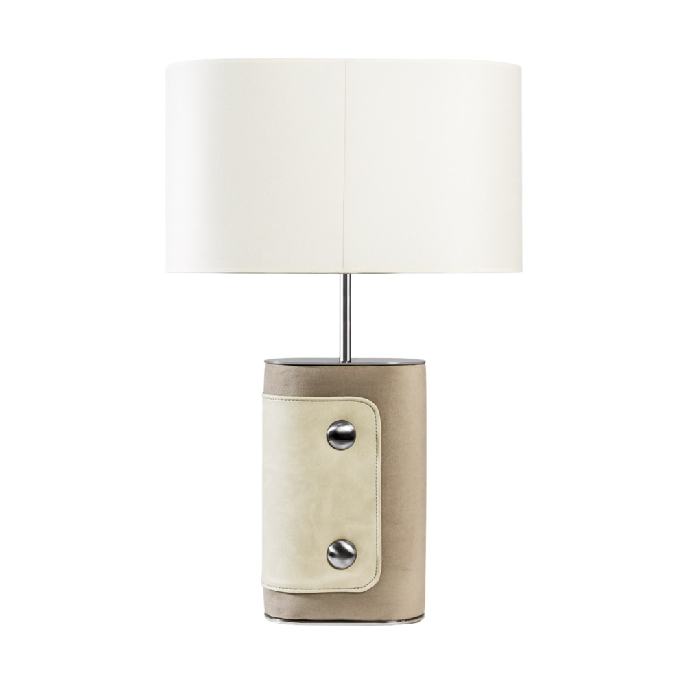 Lampă de masă Chevron – Eleganță modernă cu bază din piele și abajur textil