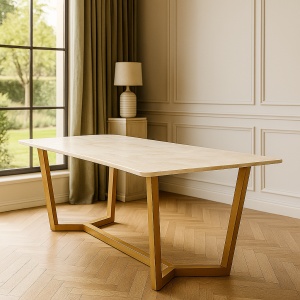 Masă de dining Squarel Gold – Blat din piatră microcristalină și bază din oțel galvanizat negru, Homedit