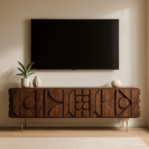 Comoda TV maro din lemn masiv stejar 180 cm premium Geotry, 180 x 40 x 65 cm, Homedit
