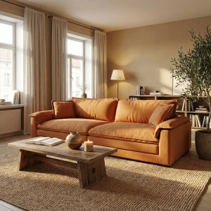 Canapea Alyma, portocaliu, topper si material tehnologic anti pata, Homedit