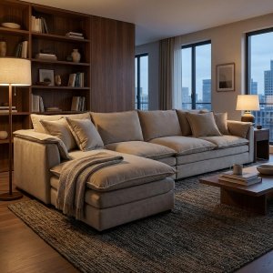 Coltar Alyma bej 3.3 m x 180 cm, catifea anti-pată beige, Homedit