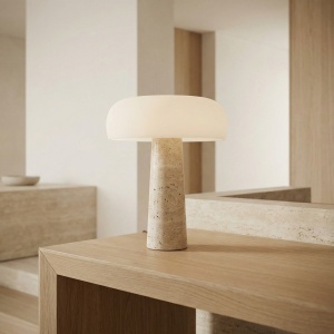 lampa 40 cm h, travertin si sticla mata, Lumora, homedit