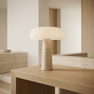lampa 40 cm h, travertin si sticla mata, Lumora, homedit
